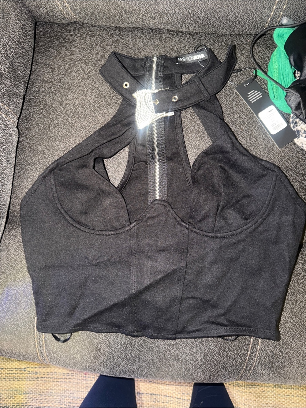 Fashion Nova Black Zip Halter Choker Crop Top